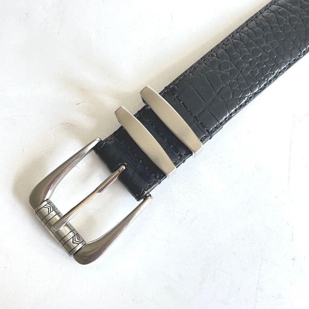 Greg Norman Black Croc Embossed Leather Belt Shark Logo Mens Size 36